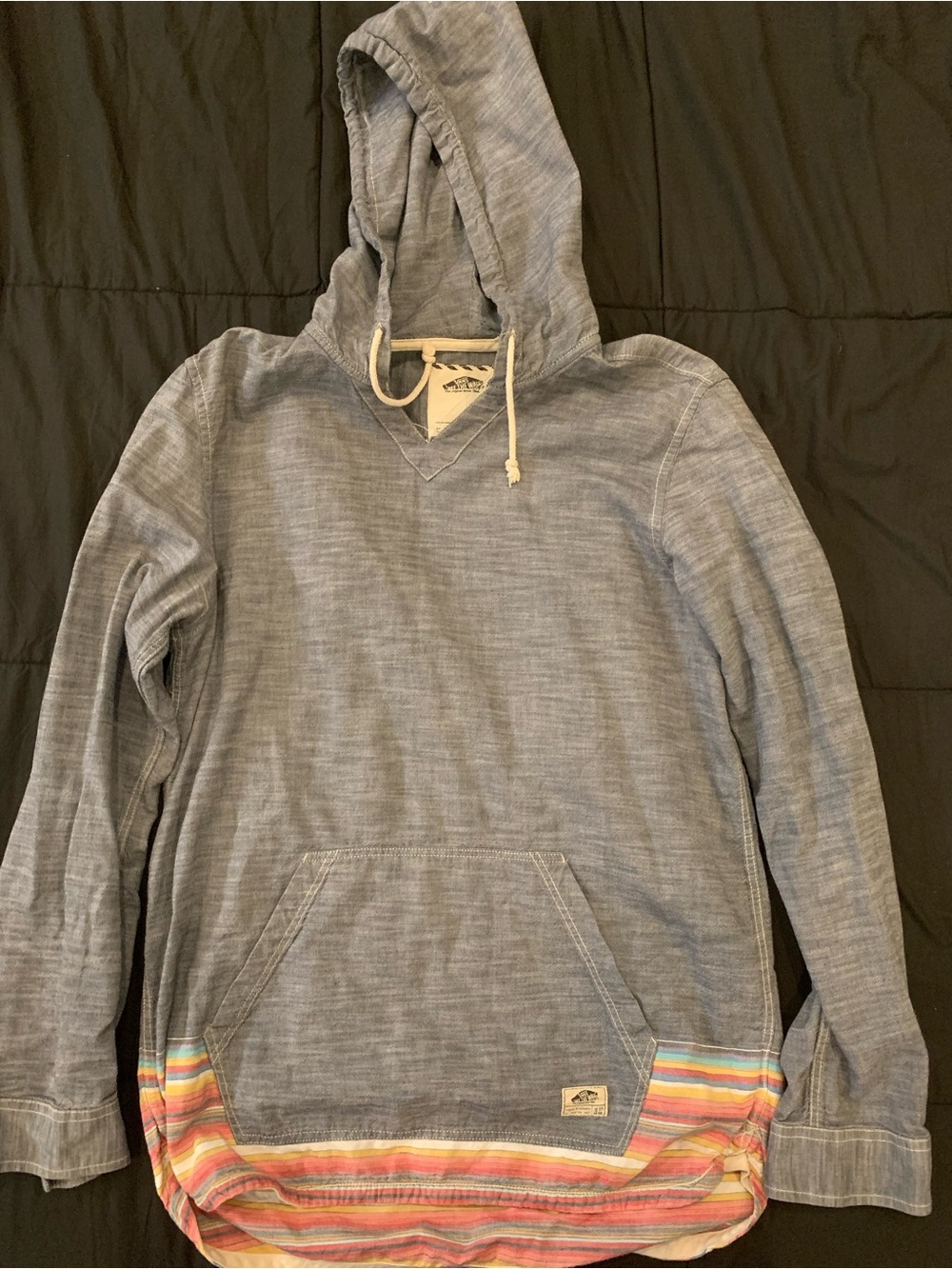 Vans Heather Blue Long Sleeve Hoodie with Multicolor Striped Hem